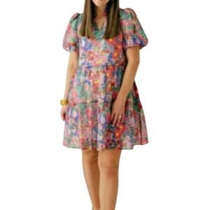 Jade by Melody Tam Puff Sleeve Tiered Mini Dress Garden Bloom Multicolor M